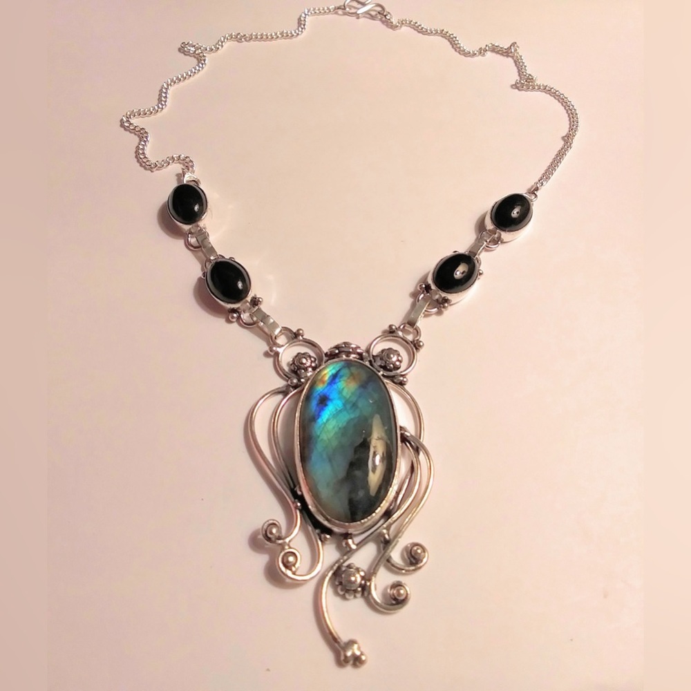 Labradorite Black Onyx 925 Sterling Silver Necklace - Picture 2 of 2